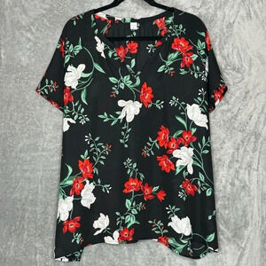 Old Navy XXL 2X Shirt Top Black Floral Short Sleeve V Neck Casual Womens